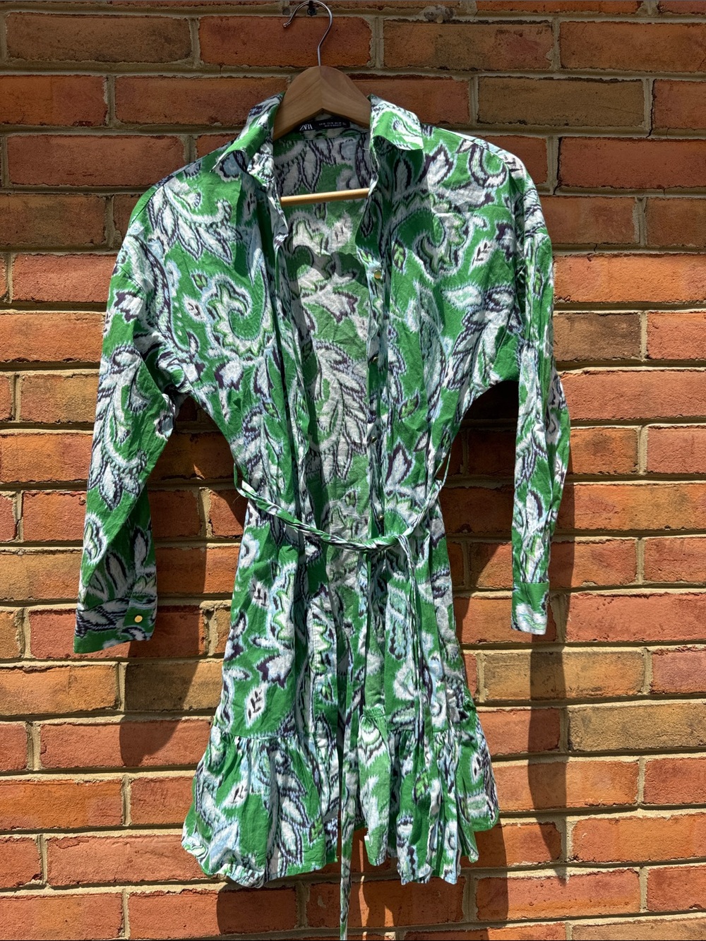 Green Paisley Tie-Waist Shirt Dress